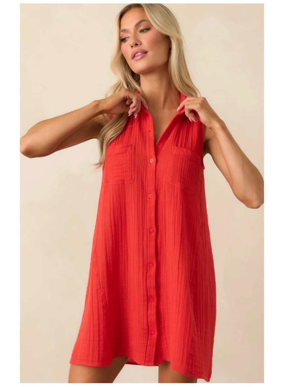 Evereve Z Supply New Light Woven Gauze Button-Up Sleeveless Shirt Dress Red Med